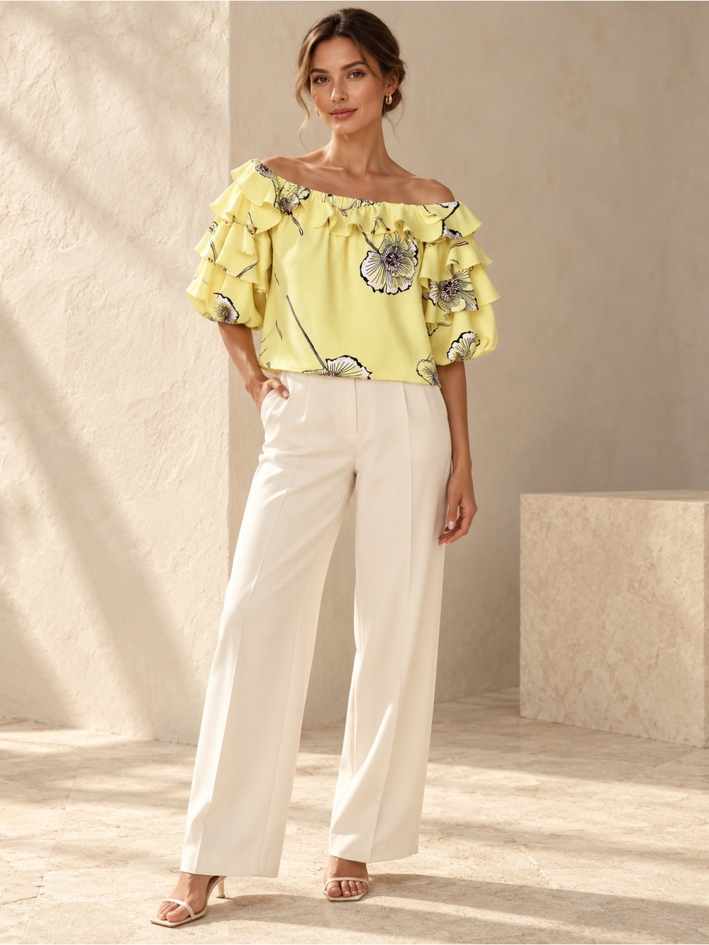 1.STATE Yellow Floral Off Shoulder Tiered Ruffle Crop Blouse Small